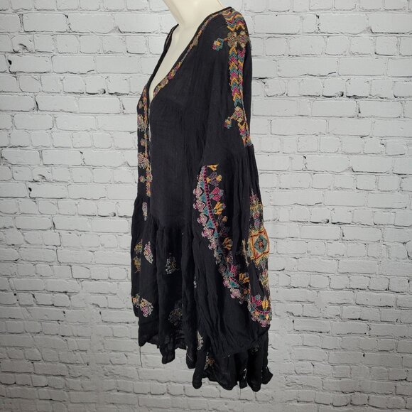 Free People Black Embroidered Long Balloon Sleeve Boho Tunic Top Blouse XS - Picture 12 of 13